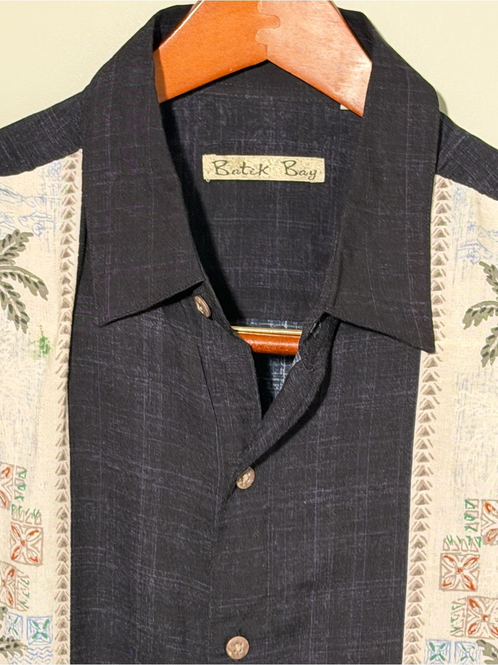 Batik Bay Men's Black Button-Up Shirt with Cream Printed Island Themed Panels